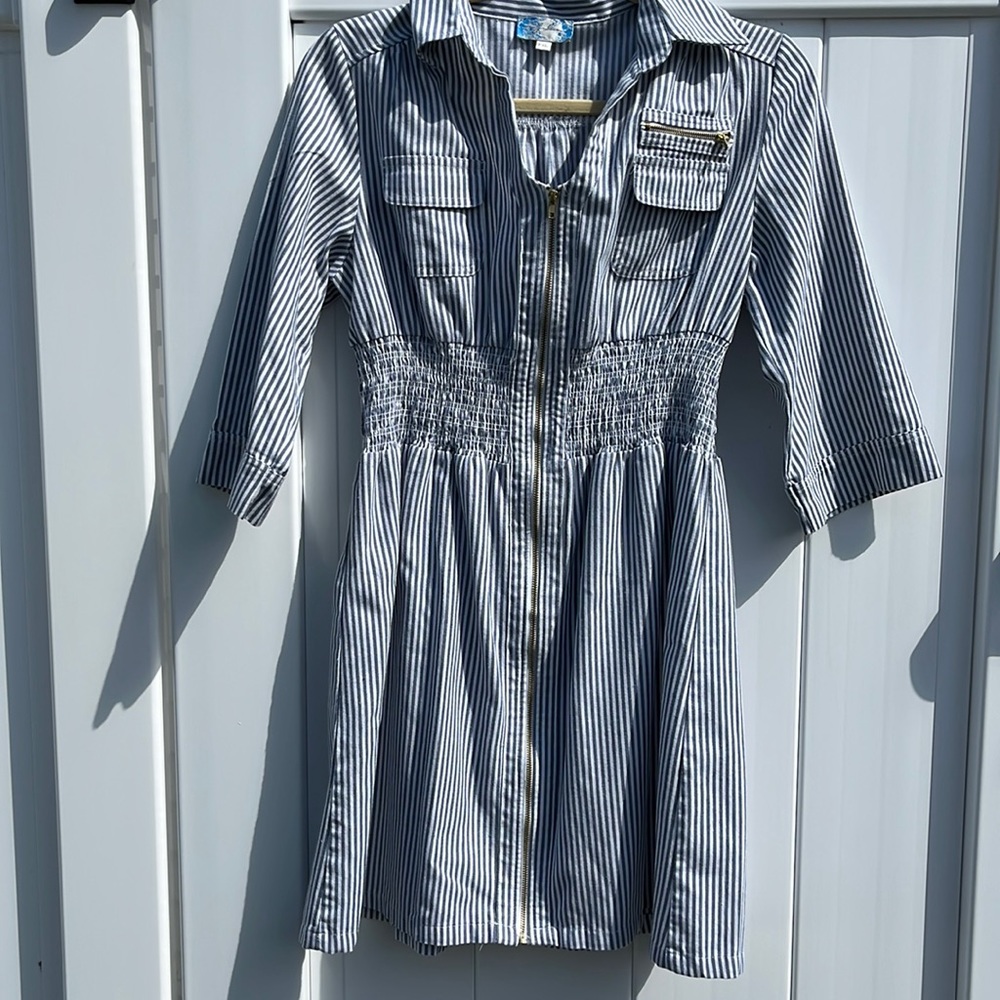 Striped Blue and White Shirt Dress - Picture 6 of 8